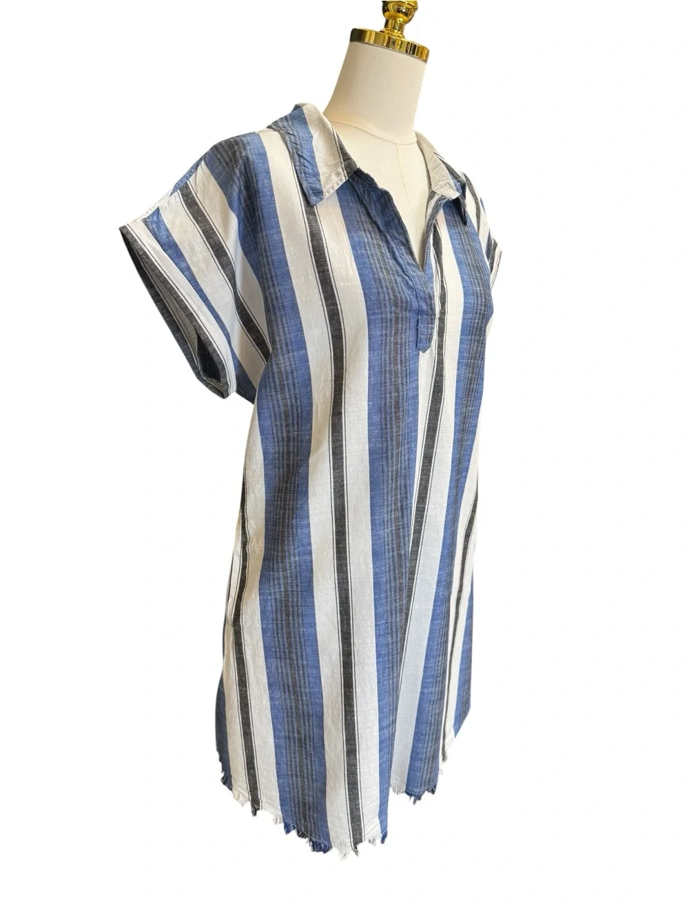 Rise & Bloom Striped Shirt Dress Blue White Fringe Hem Size L